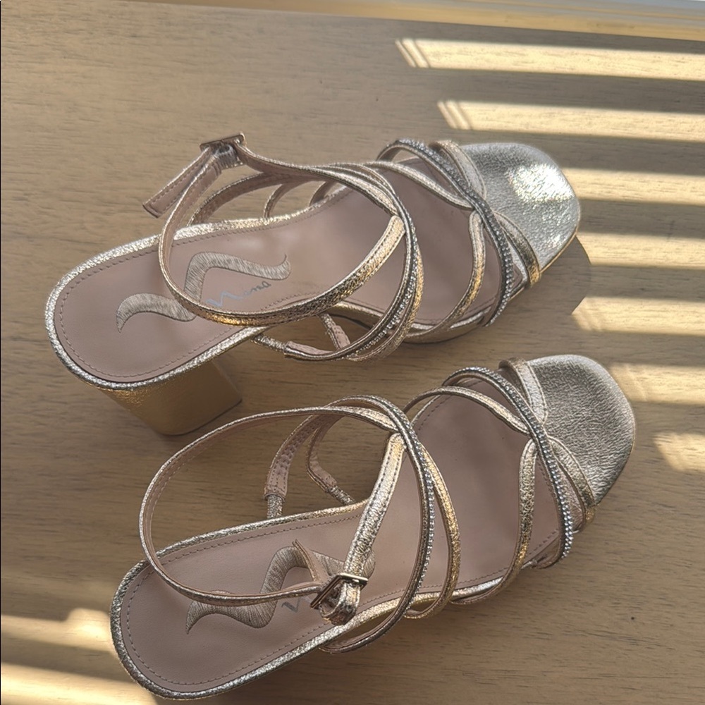Nina Gold Metallic Strappy Block Heel Sandals - Picture 3 of 7